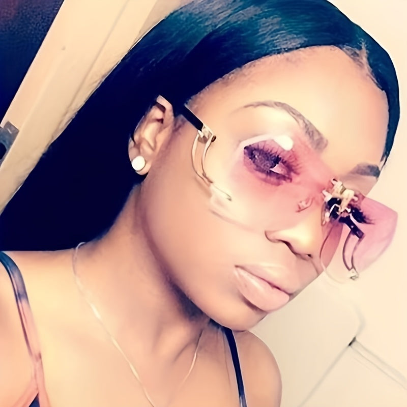 Women's Frameless Fashion Glasses with Hollow Temple & Irregular Ocean Film Lenses - Gradient Pink to Clear Fashion Eyewear, Lightweight Decorative Accessories for Casual Outings, Glasses Accessories, Stylish Car Rideouts, Ch